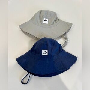 2 Baby Boy 0-6 Month Smiley Face Bucket Hats UPF 50+ Blue Gray Grey Adjustable
